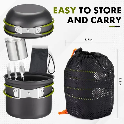 Vista 5 de Kit de utensilios de cocina para campamento, mochileros, ollas de 0.33 galones y sartenes de 0.17 galones, taza SUS304 de 0.08 galones, tenedores