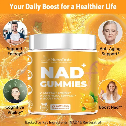 Vista 4 de Suplemento de gomitas NAD+, resveratrol y ribósido de nicotinamida, antienvejecimiento, energía y enfoque, sabor naranja, vegano, sin azúcar, 60
