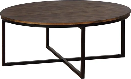 Vista 8 de Arcadia - Mesa de centro redonda de madera de acacia de 42 pulgadas, mesa industrial para sala de estar con acabado moca envejecido y patas