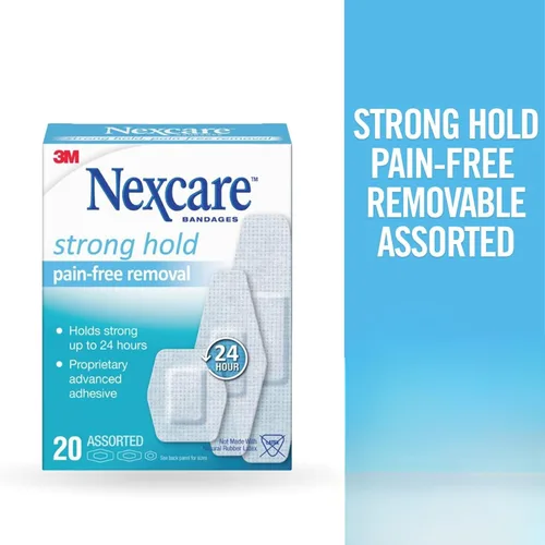 Vista 2 de Nexcare Vendajes de eliminación sin dolor Strong Hold, varios tamaños, 20 unidades (paquete de 2) - vendajes adhesivos hipoalergénicos y suaves