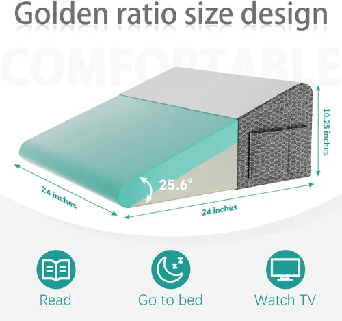 Vista 3 de Almohada de cuña para cama, almohada de espuma viscoelástica de 24 x 24 x 10.25 pulgadas, funda de almohada antideslizante, almohada inclinada