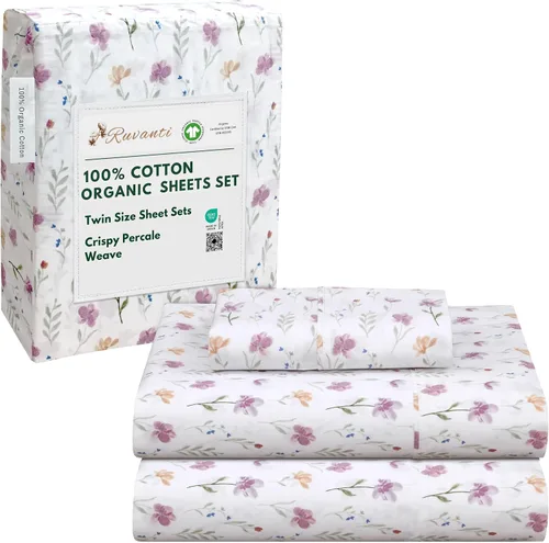 Vista 175 de RUVANTI Juego de sábanas de algodón orgánico 100% tamaño completo, tejido de percal, certificado GOTS, juego de 4 piezas, bolsillo profundo de 15