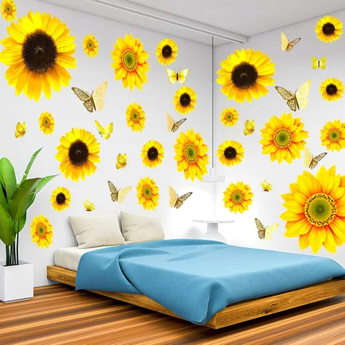 Vista 8 de 100 calcomanías de pared para ventana de girasol con mariposa 3D, decoración de vinilo de 1 a 4 pulgadas, calcomanías autoadhesivas de girasol