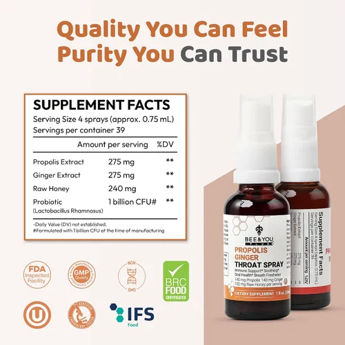 Vista 4 de Bee and You Propolis Ginger Raw Honey Spray calmante para la garganta, ultra puro, suplemento de apoyo inmunológico, salud bucal, antioxidantes