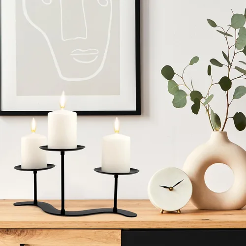 Vista 4 de Candelabro de hierro de 3 brazos - 10 pulgadas ondulado para velas de pilar Marco de metal duradero con 3 plataformas escalonadas, acabado negro