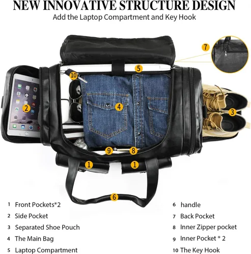 Vista 2 de Zeroway Bolsa de viaje de piel sintética con bolsa para zapatos 2 Negro
