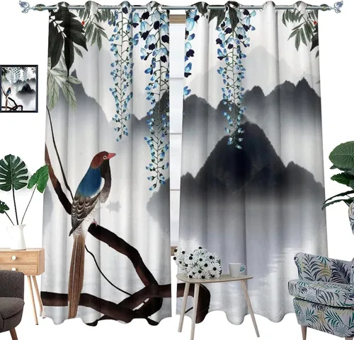 Vista 3 de Cortinas opacas para oscurecer la habitación con ojales, diseño de flores japonesas con ojales, arte retro de primavera y ramas florales, arte