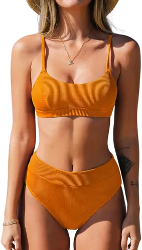 Vista 7 de CUPSHE Conjunto de bikini de dos piezas para mujer, traje de baño de cintura alta con cuello redondo