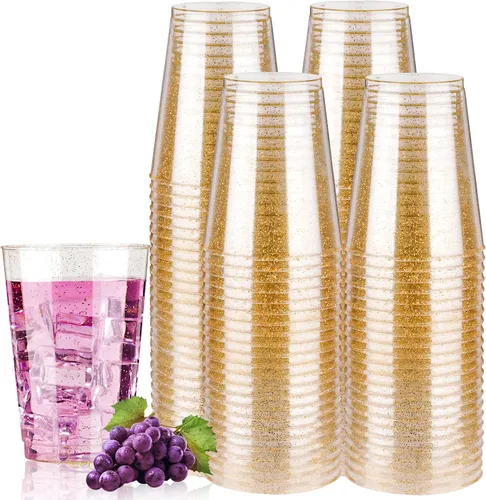 Vista 7 de Goodluck 50 vasos de plástico con purpurina dorada de 10 onzas, vasos desechables con purpurina, elegantes vasos de cóctel de plástico, vasos