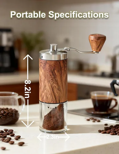 Vista 2 de Molinillo de café manual con 5 ajustes ajustables, molino cónico portátil con capacidad de 1.06 oz para expreso, prensa francesa, verter sobre