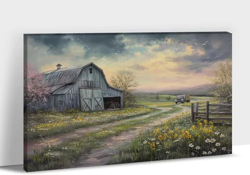Vista 23 de Arte de pared con estampado de granero blanco de granja, granero y vaca, arte de pared con imágenes de granero blanco, cuadros rústicos de campo