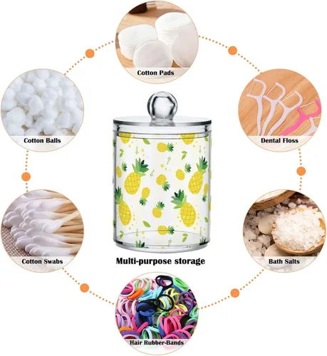 Vista 4 de Paquete de 2 tarros de boticario para baño, verano, piña, Qtip, recipiente de almacenamiento de plástico transparente con tapa para bola de algodón