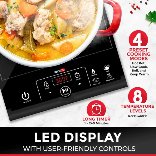Vista 3 de Mueller RapidTherm - Cocina de inducción portátil, placa de cocción de 1800 W, quemador de encimera, 8 niveles de temperatura, temporizador, apagado