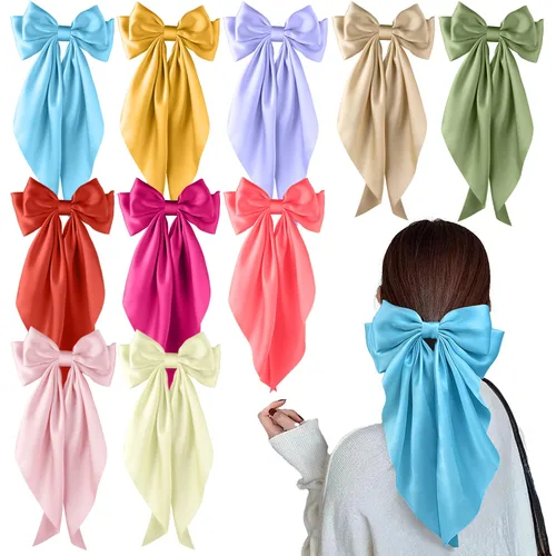 Vista 8 de Lazos para el pelo para mujeres y niñas, 10 piezas de lazos grandes, pinzas para el cabello, lazos de satén sedoso, lazo grande en capas, accesorios