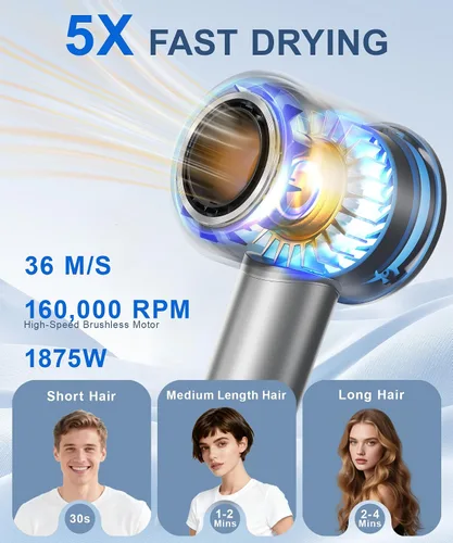 Vista 2 de Secador de pelo, 160000 rpm, secador iónico de alta velocidad con difusor magnético, secador de pelo de secado rápido para mujeres, control