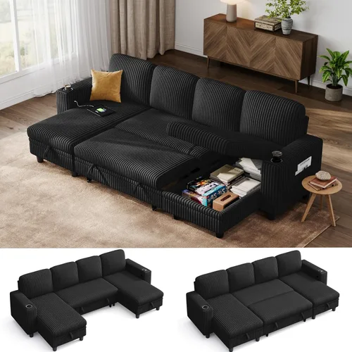 Vista 14 de LINSY HOME - Sofá seccional con cama extraíble y sofá cama deslizable, sofá convertible de pana mullida tipo nube con chaise de almacenamiento