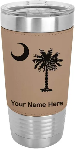 Vista 8 de LaserGram 20oz Vacuum Insulated Tumbler Mug, Flag of South Carolina, Personalized Engraving Included (Faux Leather, Baseball Style)