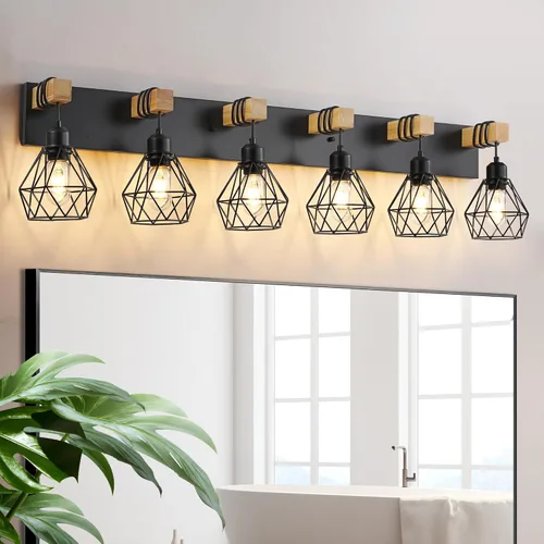 Vista 16 de Lámpara de tocador estilo casa de campo para baño, luminarias de tocador de baño de 2 luces negra dorada de madera sobre espejo, apliques rústicos
