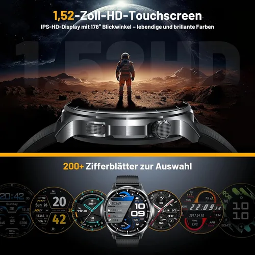 Vista 6 de Reloj inteligente para hombre, monitor de fitness HD de 1.52 pulgadas con presión arterial SpO2, monitor de sueño de frecuencia cardíaca, 110 modos