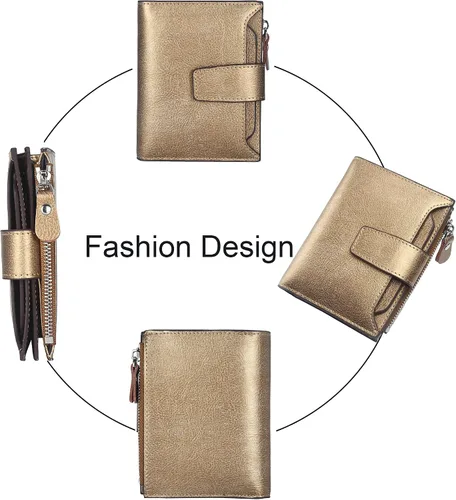 Vista 3 de Lavemi Cartera pequeña y compacta para mujer, con bloqueo RFID, de piel auténtica, con ventanas de identificación