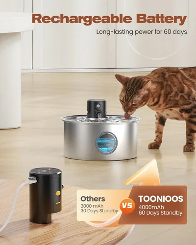 Vista 5 de Fuente de agua para gatos alimentada por baterías: fuente inalámbrica para gatos - Fuente de agua recargable para mascotas de acero inoxidable