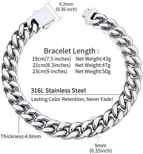 Vista 6 de ChainsHouse Pulsera de eslabones cubanos de acero inoxidable para hombre, 0.197in0.276in0.354in0.472in de ancho, 7.5"8.3"9" de largo, negro18K