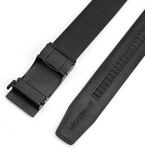 Vista 6 de BOSTANTEN Cinturón de cuero con trinquete para hombre con hebilla ajustable deslizante, corte para adaptarse, Negro