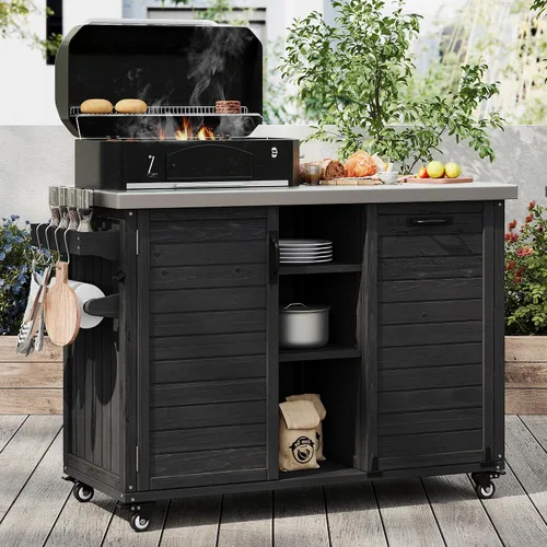 Vista 2 de JIVOIT Isla de cocina al aire libre de 78.3 pulgadas con mesa plegable, carrito de madera para exteriores con almacenamiento de basura y parte