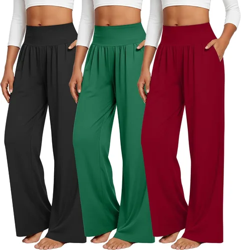 Vista 26 de Neer - Conjunto de 3 pantalones de yoga de pierna ancha para mujer - Pantalones deportivos cómodos, holgados, de cintura alta y casuales