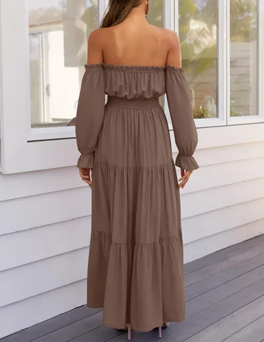 Vista 147 de ZESICA - Vestido largo, bohemio y sexy, con hombros descubiertos y manga larga fruncida, con elástico fruncido, cintura alta y abertura lateral