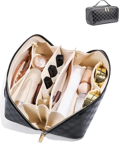 Vista 20 de Bolsa de cosméticos de viaje de gran capacidad - Bolsas de maquillaje portátiles para mujeres, impermeable, de cuero PU a cuadros, con organizador