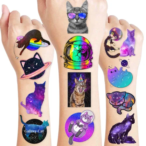 Vista 7 de 60 PCS Space Cat Temporary Tattoos Pre-Cut for Kids Girls Boys
