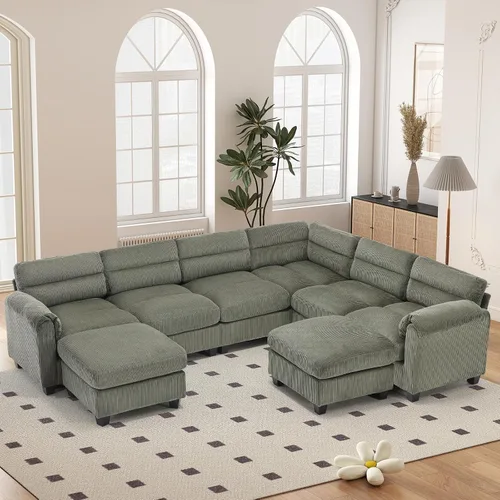 Vista 66 de HAOMARKETS Sofá esquinero modular en forma de L de 115 pulgadas con 2 otomanas móviles, sofás de pana de 8 plazas con cojín grueso para sala de Beige