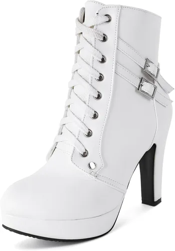 Vista 18 de Susanny Botas de tacón alto para mujer, Botas de plataforma con tacón sexy de puntera redonda con agujetas, tacón alto, botas de media pantorrilla