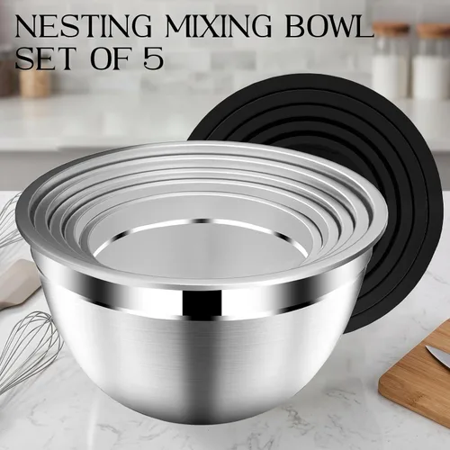 Vista 4 de DUTZUN Stainless Steel Mixing Bowls with Airtight Lids Set of 5, Black Best Kitchen Gifts for Mixing, Baking, Prep, Salads, Serving, Cooking