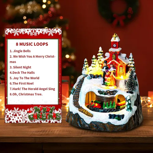 Vista 3 de MXwcy Decoración animada de pueblo navideño – Coro de iglesia iluminado y tren en movimiento en montaña nevada – Centro de mesa de estatua