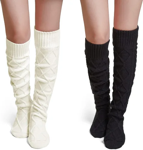 Vista 23 de Pcavin Thigh High Socks for Women, Long Cable Knit Over Knee Boot Stockings 0013 Estilo Negro