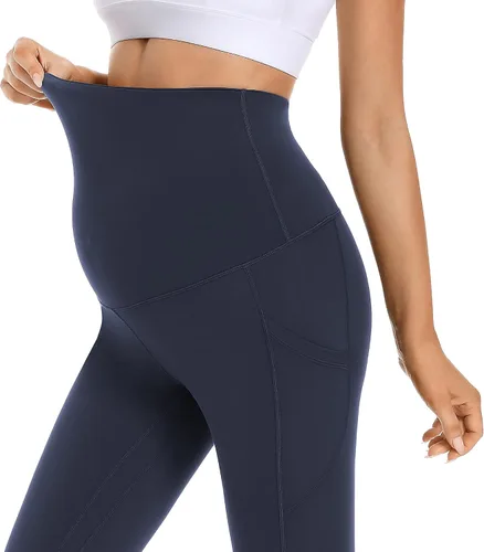 Vista 2 de Foucome Leggings de maternidad para mujer con bolsillos sobre el vientre, leggings de entrenamiento para yoga, pantalones de trabajo activos