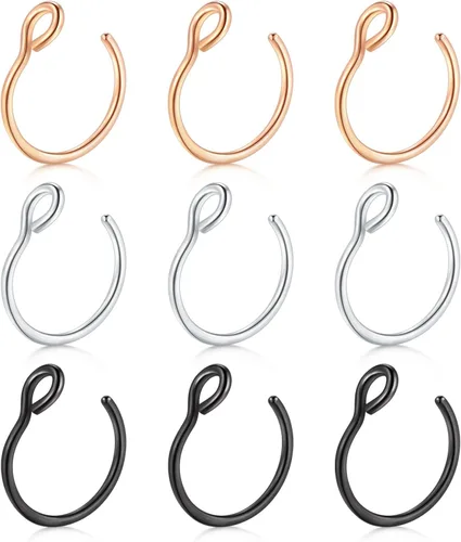Vista 13 de D.Bella Piercing falso de 0.71 oz para labio sintético, septum y nariz, 0.31 pulgadas Dorado