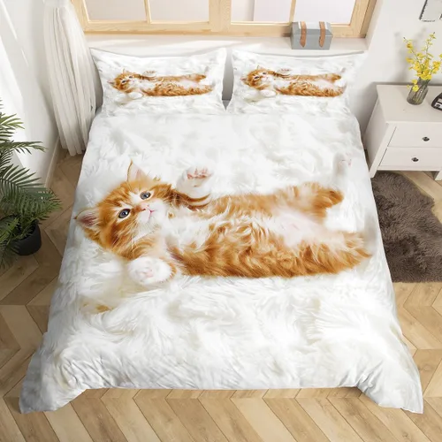 Vista 3 de Feelyou Juego de funda de edredón con estampado de gatos en 3D, funda de edredón de gato naranja para niños, niñas, adolescentes, temática