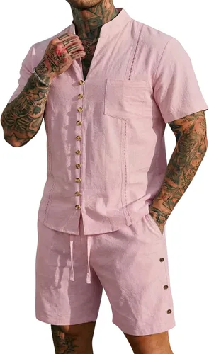 Vista 4 de RTRDE Men's 2 Piece Outfits Cuban Guayabera Short Sleeve Shirts and Summer Beach Vacation Sets, S-3XL