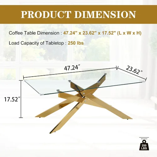 Vista 2 de Mesa de centro de cristal de 47 pulgadas con parte superior de vidrio templado y patas de metal dorado, mesa central rectangular moderna para sala