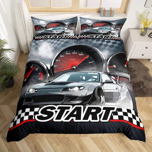 Vista 14 de Erosebridal Juego de ropa de cama de coche deportivo verde para niños, tamaño individual, funda de edredón de autos de carreras para niños