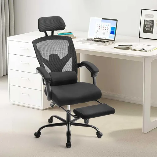 Vista 9 de Silla ergonómica de escritorio para computadora de oficina con almohada lumbar y reposapiés retráctil, sillones giratorios de malla con respaldo