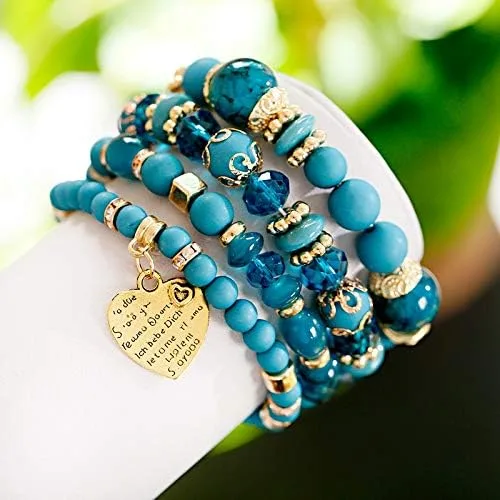 Vista 3 de LOLOMATO - Juego de pulseras bohemias de color rosa para mujer estilo étnico cuentas de piedra natural dije de tribu de color dorado pulsera