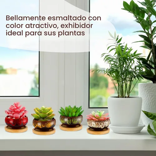 Vista 3 de 12 macetas de cerámica para suculentas de 2.5 pulgadas, macetas de jardín con drenaje y bandeja de bambú para plantas de jardín de interior, macetas