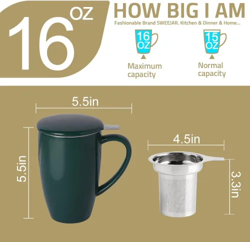 Vista 4 de Sweejar Taza de Té de Porcelana con Infusor y Tapa, Tetera con Filtro, Colador Infusor de Tazas de Té de Hojas Sueltas, 16 Fl Oz para Azul degradado