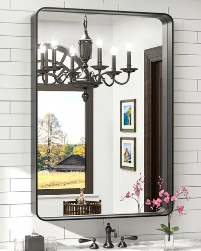 Vista 8 de TokeShimi Espejo de pared de baño de níquel cepillado de 20 x 30 pulgadas, marco de metal, esquina redonda, rectangular, para decoración del hogar
