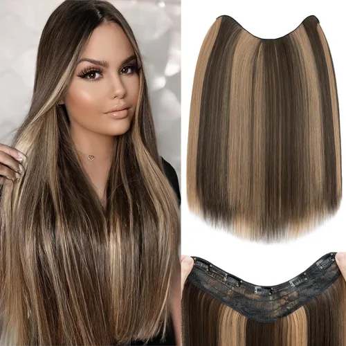 Vista 34 de S-noilite Extensiones de cabello de una pieza con clip, color rubio balayage de 18 pulgadas, en forma de U, extensiones de cabello de trama de una