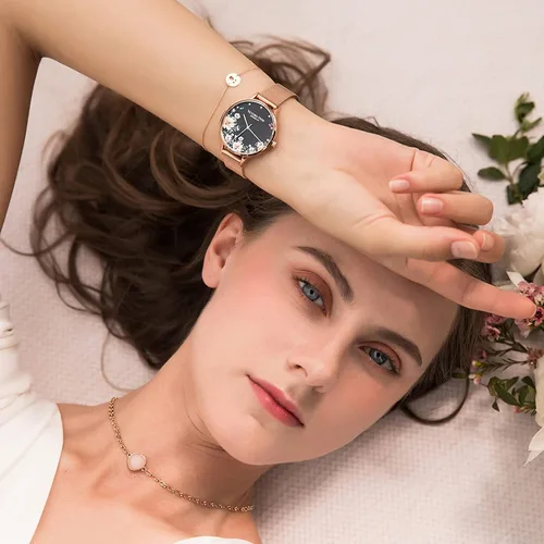 Vista 4 de VICTORIA HYDE Relojes de cuarzo para mujer, esfera floral con correa de malla de acero inoxidable, correa de cuero auténtico, impermeable, reloj